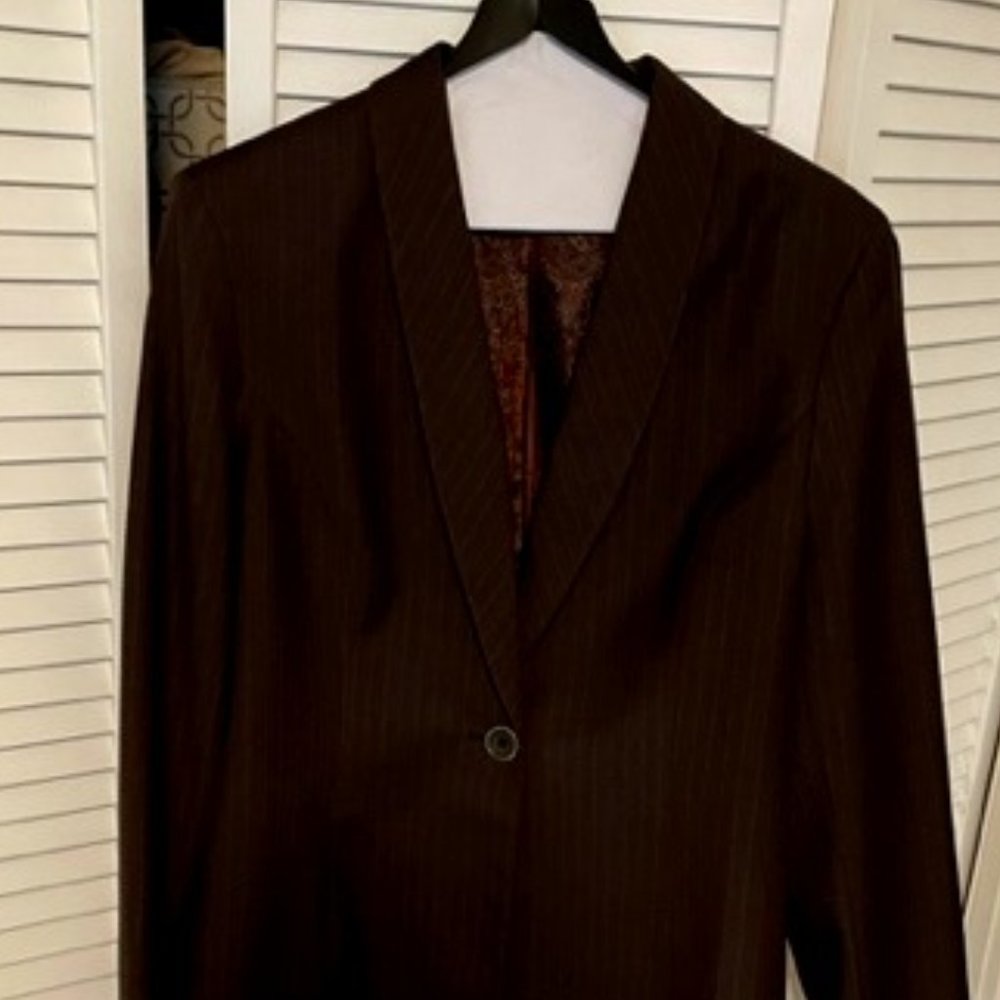 2 piece brown chalk stripe pant suit